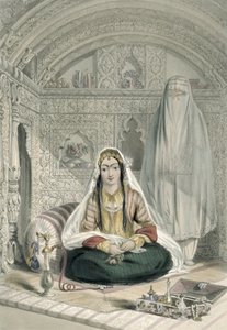 Panie z Kaubulu w kostiumie In and Out-of-Door, tablica 24 z „Scenery, Inhabitants and Costumes of Afganistan”, grawerowana przez Walkera, 1848